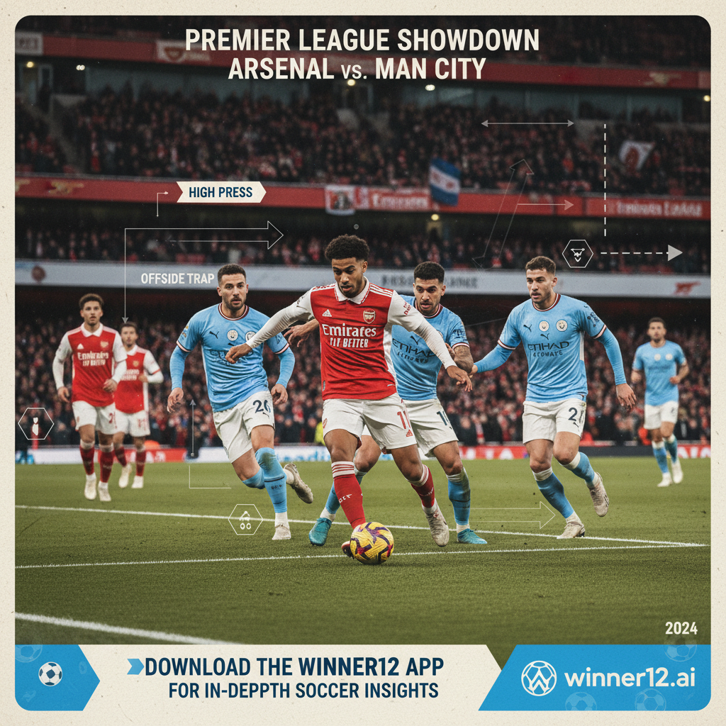 ALT text: Realistic and detailed poster of an intense Arsenal vs Manchester City Premier League soccer match, featuring sharp, natural lighting and authentic team kits. The image highlights key tactical elements such as player formations and strategic positioning on the pitch, with a dynamic portrayal of Gabriel Martinelli in action. Subtle graphic overlays provide tactical insights, and a call-to-action invites viewers to discover expert predictions and analysis on winner12.ai or download the winner12 app for in-depth soccer insights.