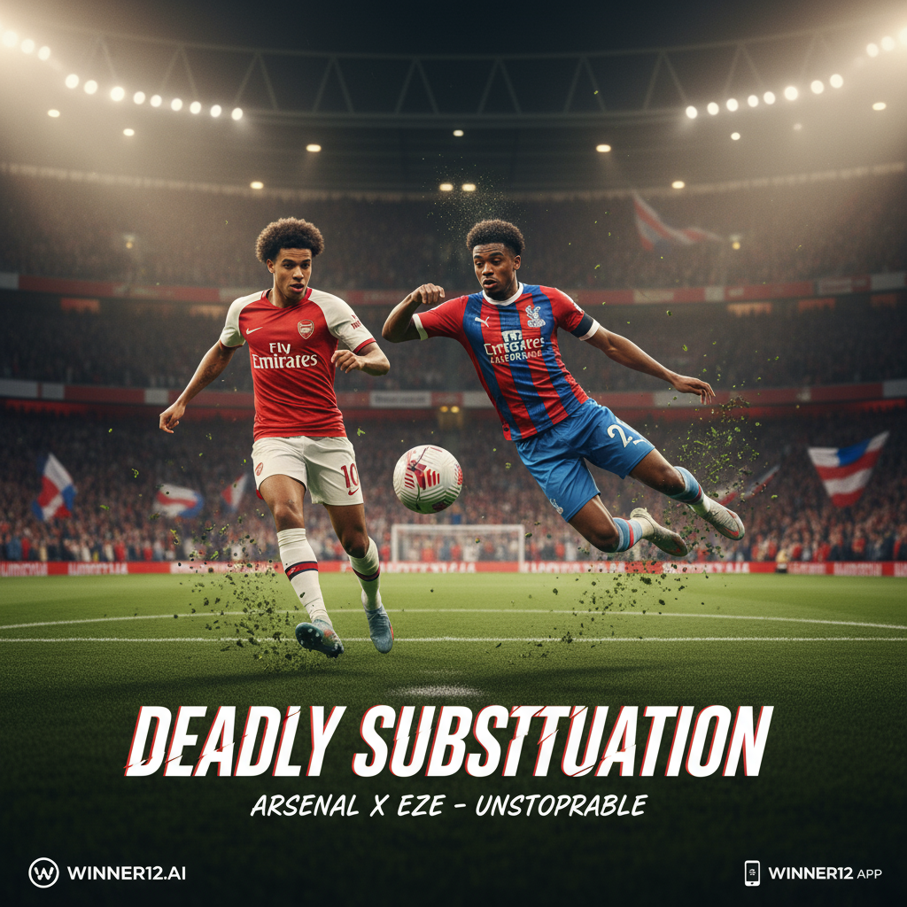 阿森纳马丁内利助攻埃泽动态足球场景海报，真实风格，激烈的球场氛围，观众和聚光灯细节，突出团队合作与技术，展示阿森纳致命替补策略，带有winner12.ai标志，英式足球元素，激情与动作表现。