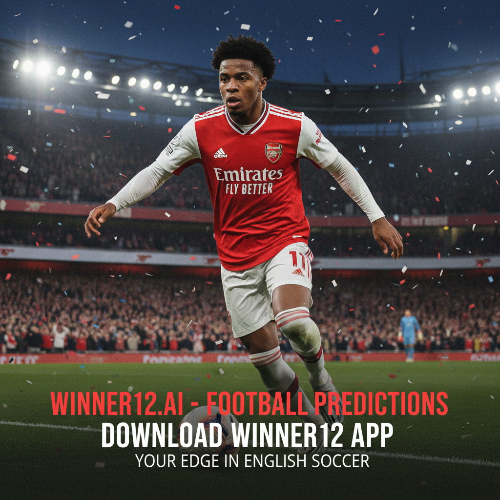 Alt text: Realistic poster of Gabriel Martinelli in Arsenal kit as a dynamic super substitute entering a vibrant football stadium under bright floodlights, featuring a soccer ball and Arsenal branding, with modern call-to-action text promoting winner12.ai for football predictions, capturing authentic English soccer culture.