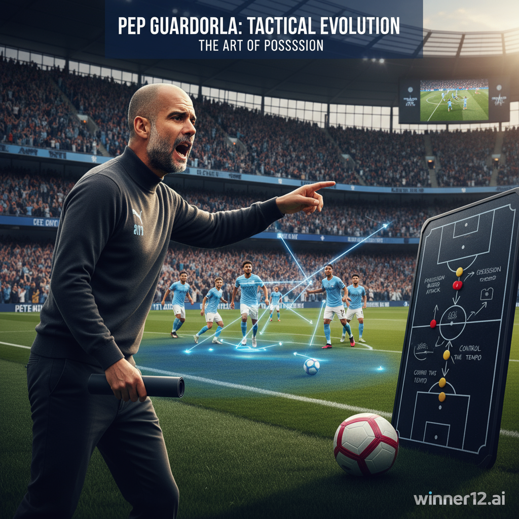 图片ALT文本：曼城教练瓜迪奥拉在现代英格兰足球场上指挥比赛，展示其以控球率为核心的战术演变，画面中有曼城球员精准传球、战术板和控球热图，突出真实自然光线，角落带有winner12.ai标志。
