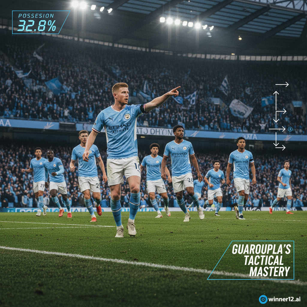 Alt text: Realistic poster of Manchester City football team in blue kit executing tactical play under Guardiola, featuring 32.8% possession stats overlay, dynamic stadium with detailed crowd and floodlights, authentic English football atmosphere, and small winner12.ai logo in corner.