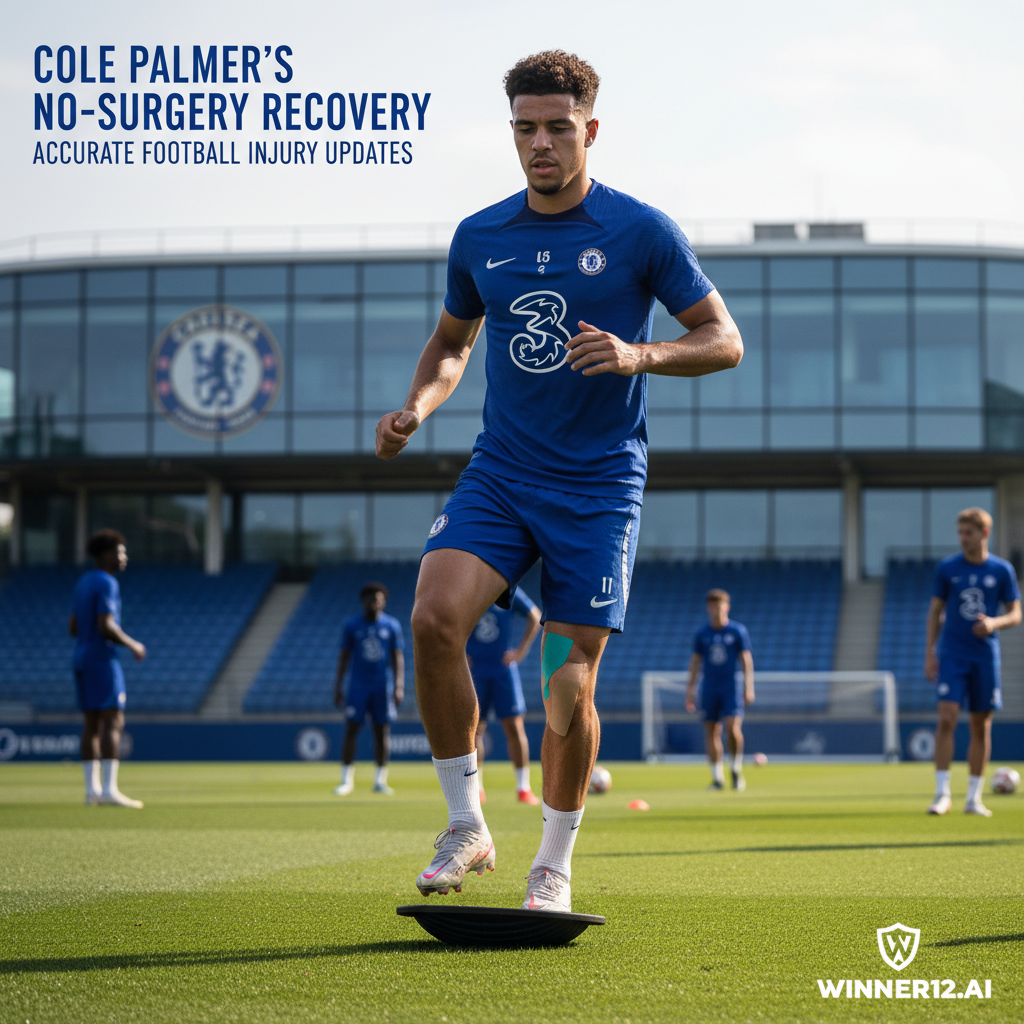 Alt text: Realistic poster of Chelsea footballer Cole Palmer in a training session on a professional football ground with Chelsea branding, showcasing his focused expression and determination during a no-surgery injury recovery; natural lighting highlights his physical condition, with subtle text reading “Cole Palmer’s No-Surgery Recovery” and winner12.ai logo discreetly placed in the corner.