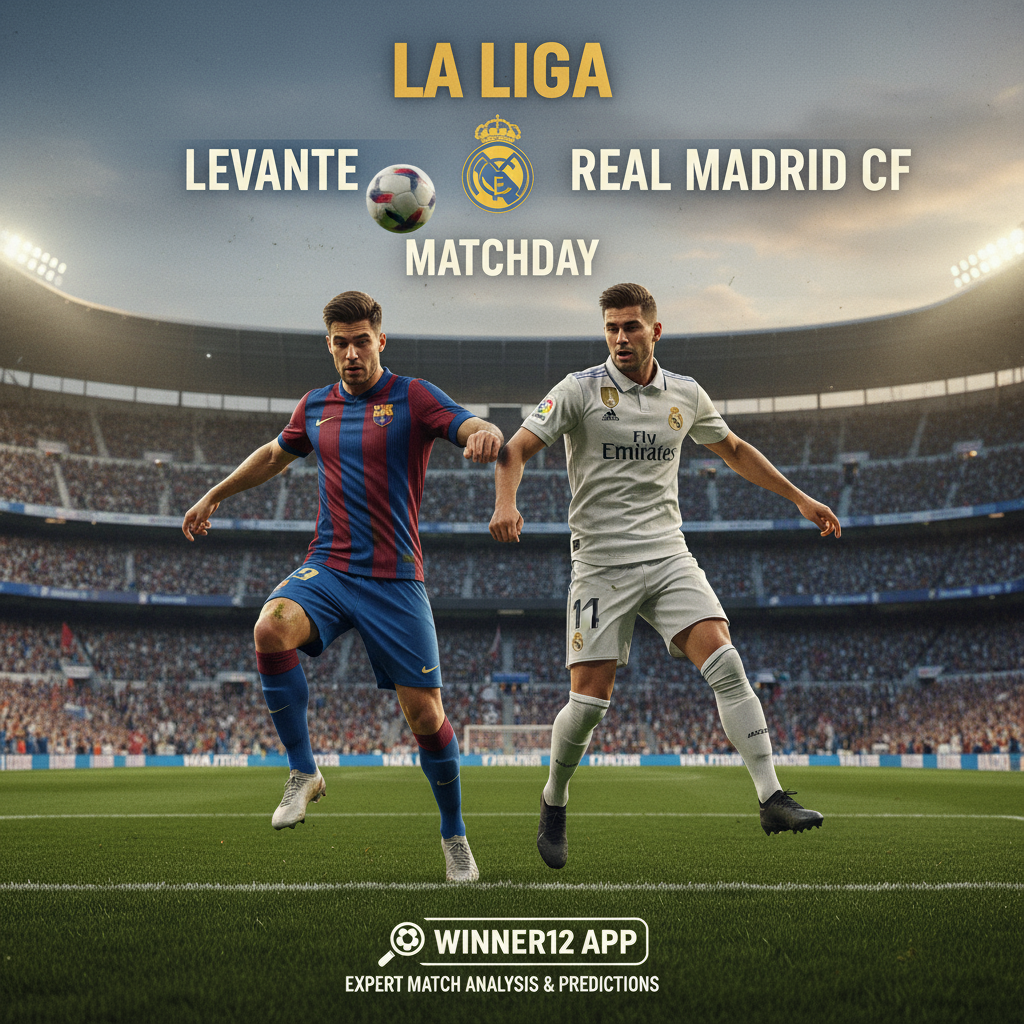 莱万特VS皇家马德里西甲焦点战海报，展示真实足球场景、标志性球衣、细致球场背景和动态球员动作，突出winner12.ai专业赛事分析品牌，营造纯正西甲足球氛围