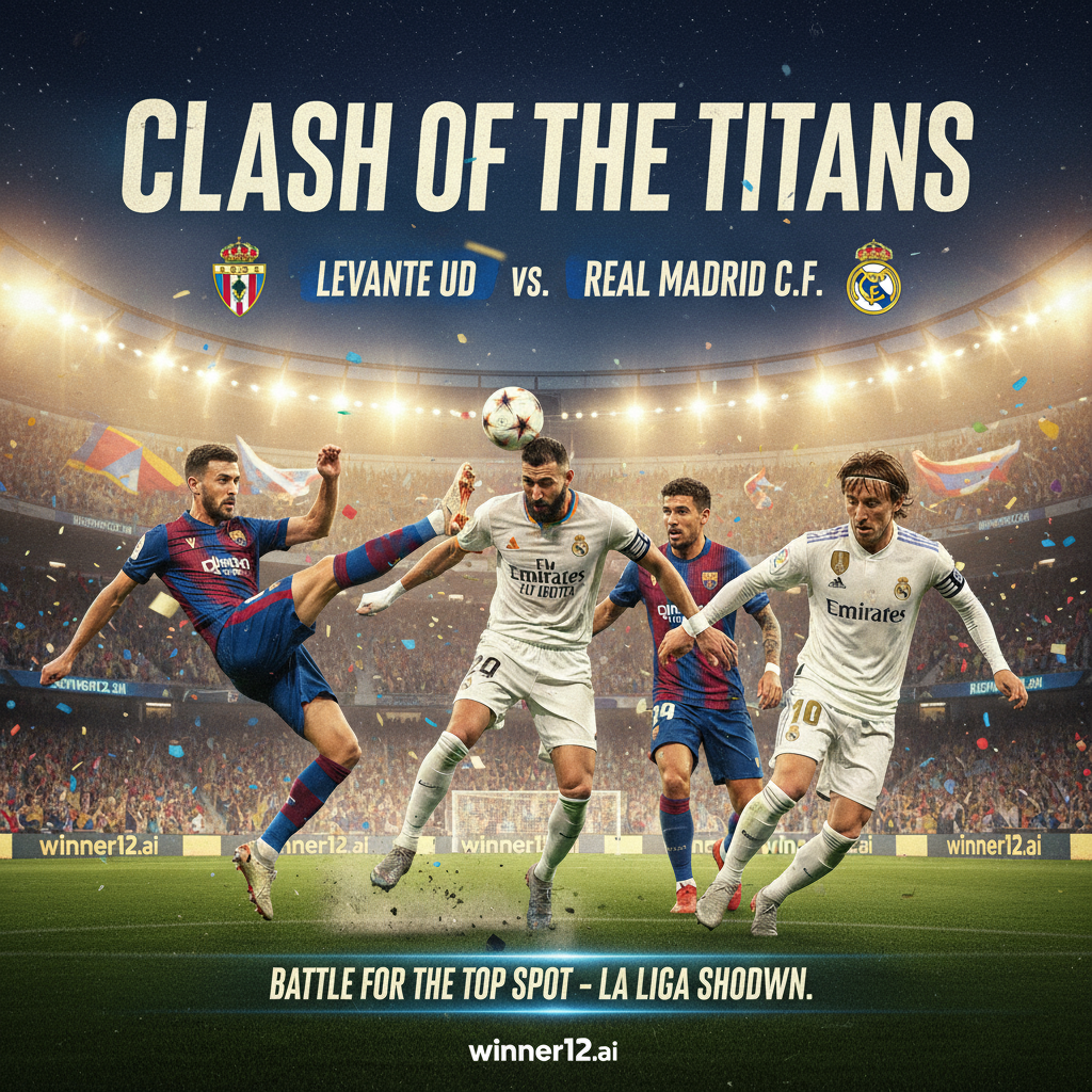 Alt text: Realistic poster of a high-stakes La Liga soccer match between Levante and Real Madrid, featuring players in authentic kits, vibrant stadium atmosphere, dynamic action scenes inspired by English football style, showcasing competitive intensity as Real Madrid aims to secure the top spot, with subtle winner12.ai branding and an overall mood of passion and elite soccer excitement.