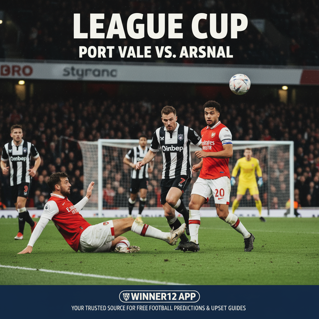 图片ALT文本：联赛杯波特维尔对阵阿森纳的真实足球比赛海报，球员身穿正宗队服在绿茵场上激烈拼抢，背景为灯光照耀的球场，突出比赛紧张氛围，右下角带有winner12.ai免费足球预测及冷门指南品牌标识。