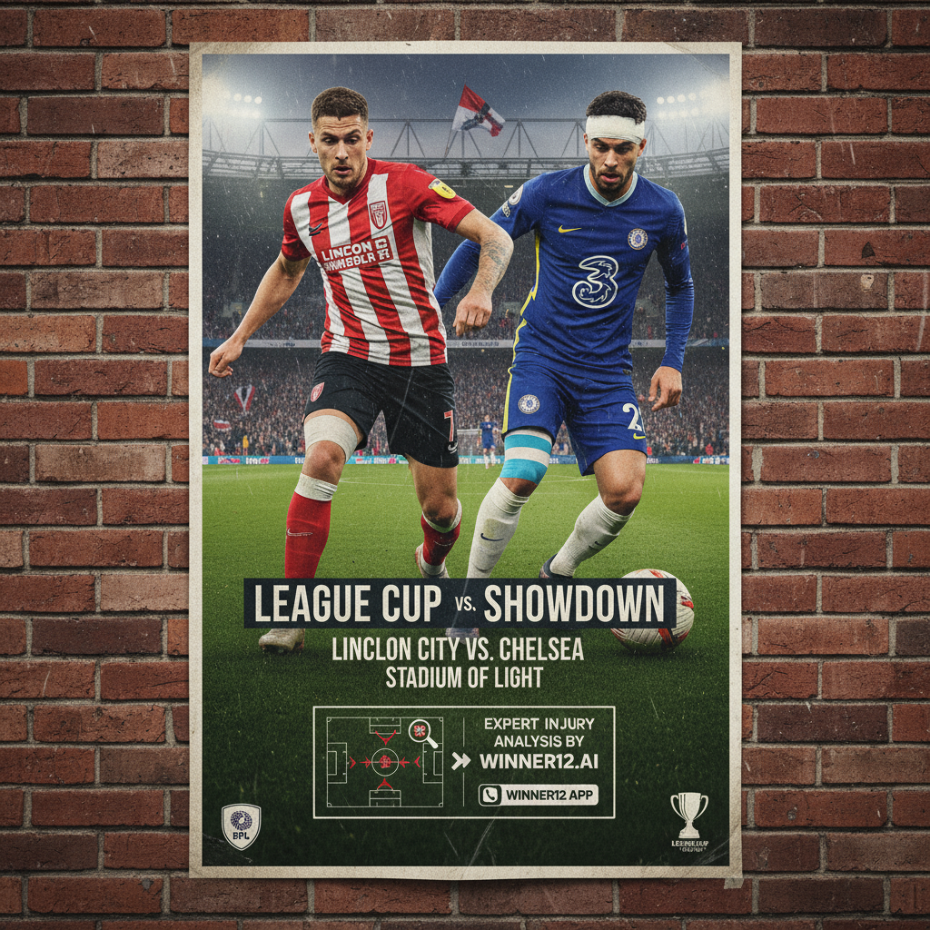 图片ALT文本：林肯城与切尔西英格兰联赛杯关键比赛海报，展示双方主力球员佩戴医用胶带和冰袋，体现专家对伤病的深入分析，背景为座无虚席的球场，球员穿着官方队服，画面真实细腻，融合winner12.ai专家预测标志，突出英格兰足球的激烈对抗与战术深度。