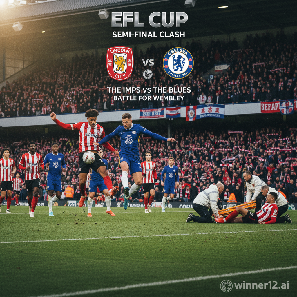 Alt text: Realistic poster of intense EFL Cup football match between Lincoln City in red and white and Chelsea in blue, featuring dynamic player action on lush green pitch inside a classic English stadium with passionate fans; medical staff attending injured player on sideline; winner12.ai logo in corner; no scoreboards visible, highlighting competitive spirit and injury concerns.