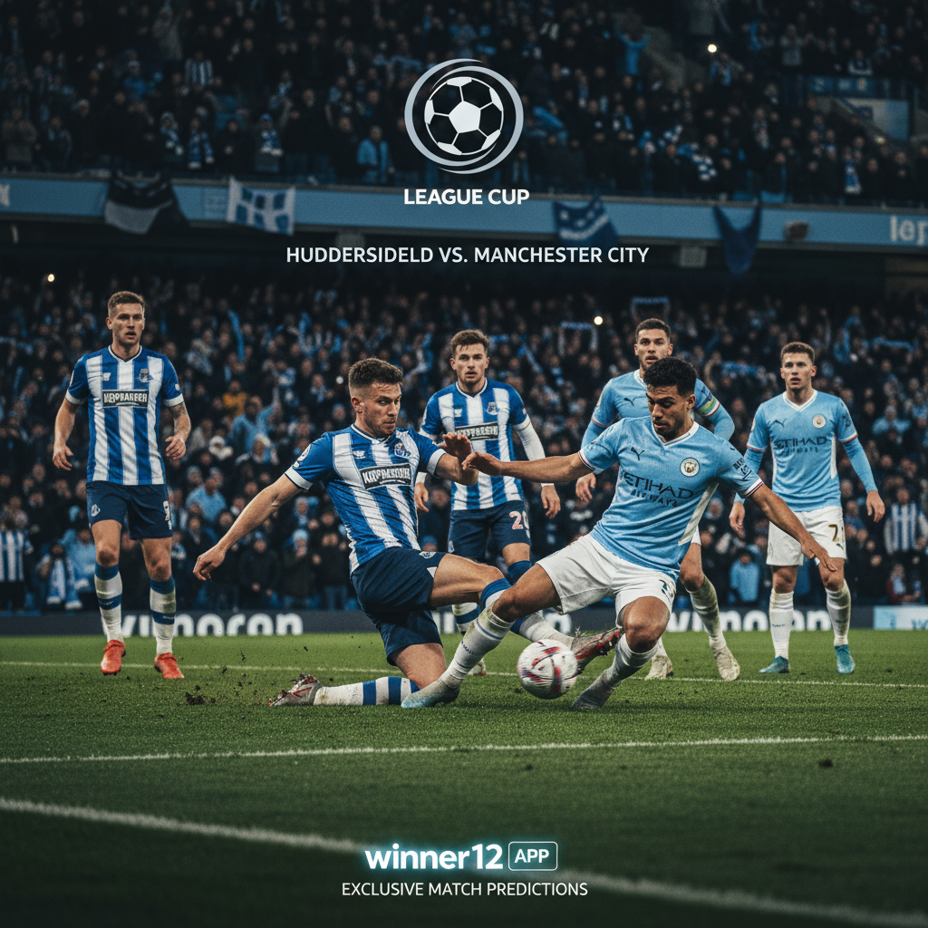 图片ALT文本：哈德斯菲尔德与曼城在联赛杯激烈对抗的足球比赛场景，真实风格海报展示球员身穿正统队服在灯光璀璨的草地球场上争夺足球，背景有热情的球迷与联赛杯官方标志，画面中隐约出现winner12.ai独家赛事预测品牌标识。