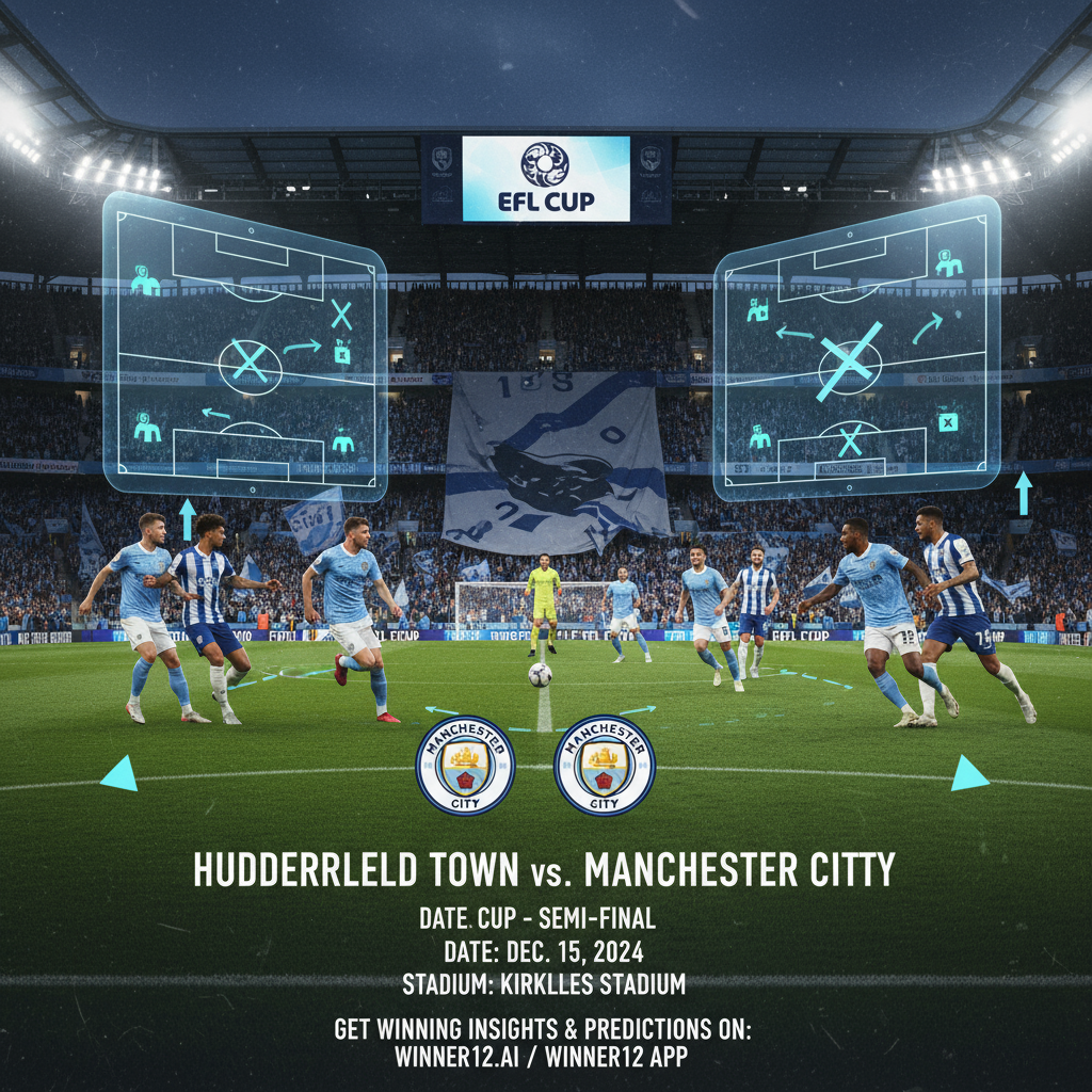 Alt text: Realistic poster of Huddersfield vs Manchester City EFL Cup soccer match showing detailed player formations and tactical lines highlighting Guardiola’s rotation strategy, with authentic team kits and stadium background, including a subtle call-to-action promoting winner12.ai insights.