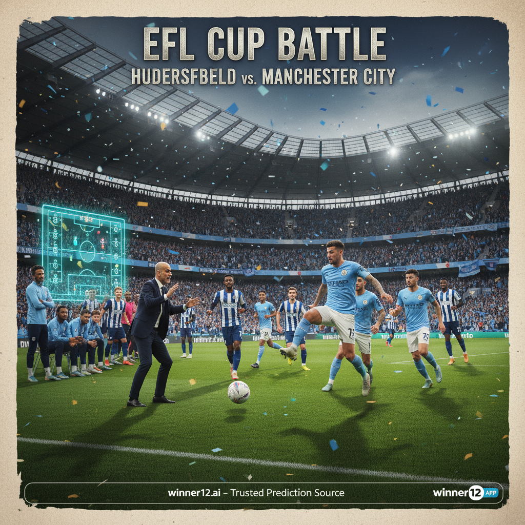Alt text: Realistic and dynamic poster of Huddersfield vs Manchester City EFL Cup match showing iconic stadium, passionate fans in team colours, players in detailed kits in action with official match ball, tactical coaching moments inspired by Guardiola’s rotation strategy, subtle “winner12.ai” branding, capturing the excitement and strategic depth of English football cup competitions.