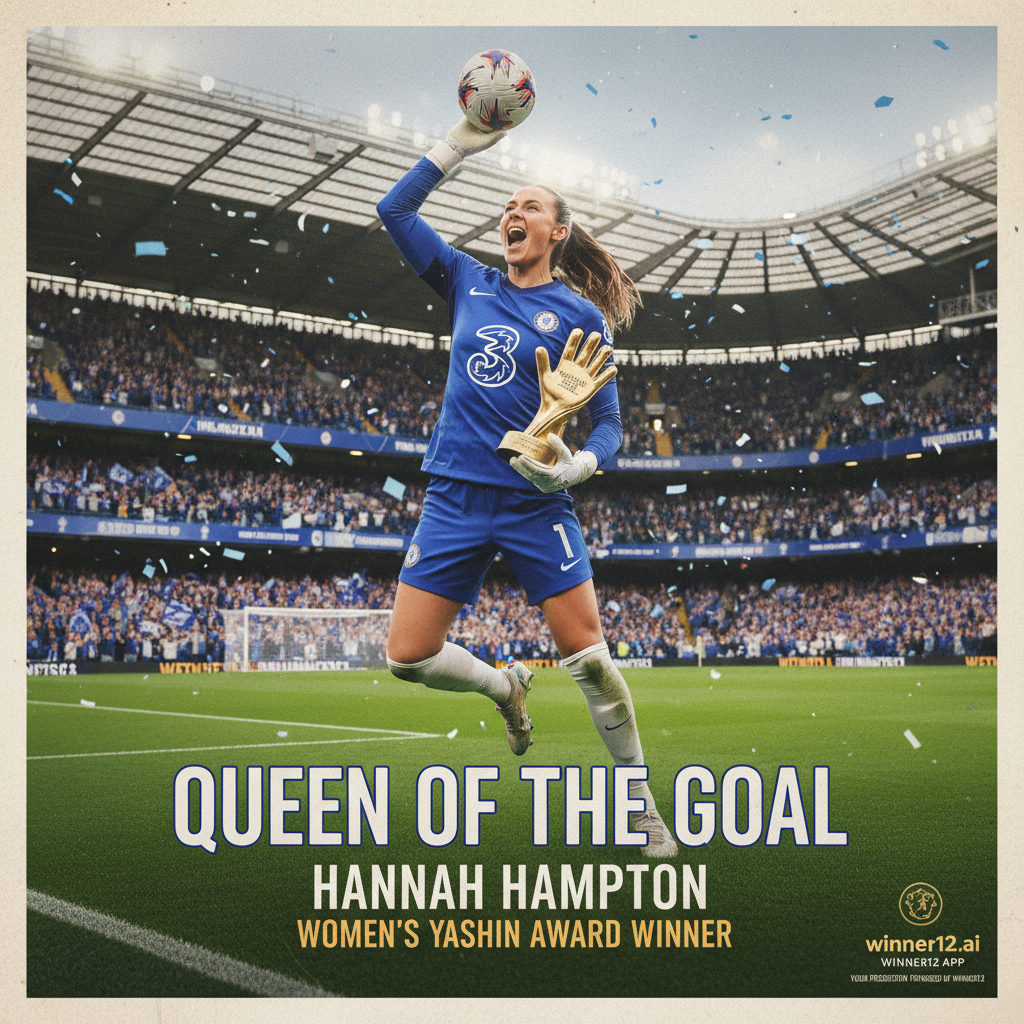 图片ALT文本：汉娜·汉普顿身穿切尔西女足经典蓝色球衣，在英式足球场背景下展示其守门员技能，庆祝荣获女足雅辛奖，海报设计突出切尔西女足的荣耀与自豪，融合winner12.ai足球预测品牌元素，体现真实专业的英格兰女子足球文化。