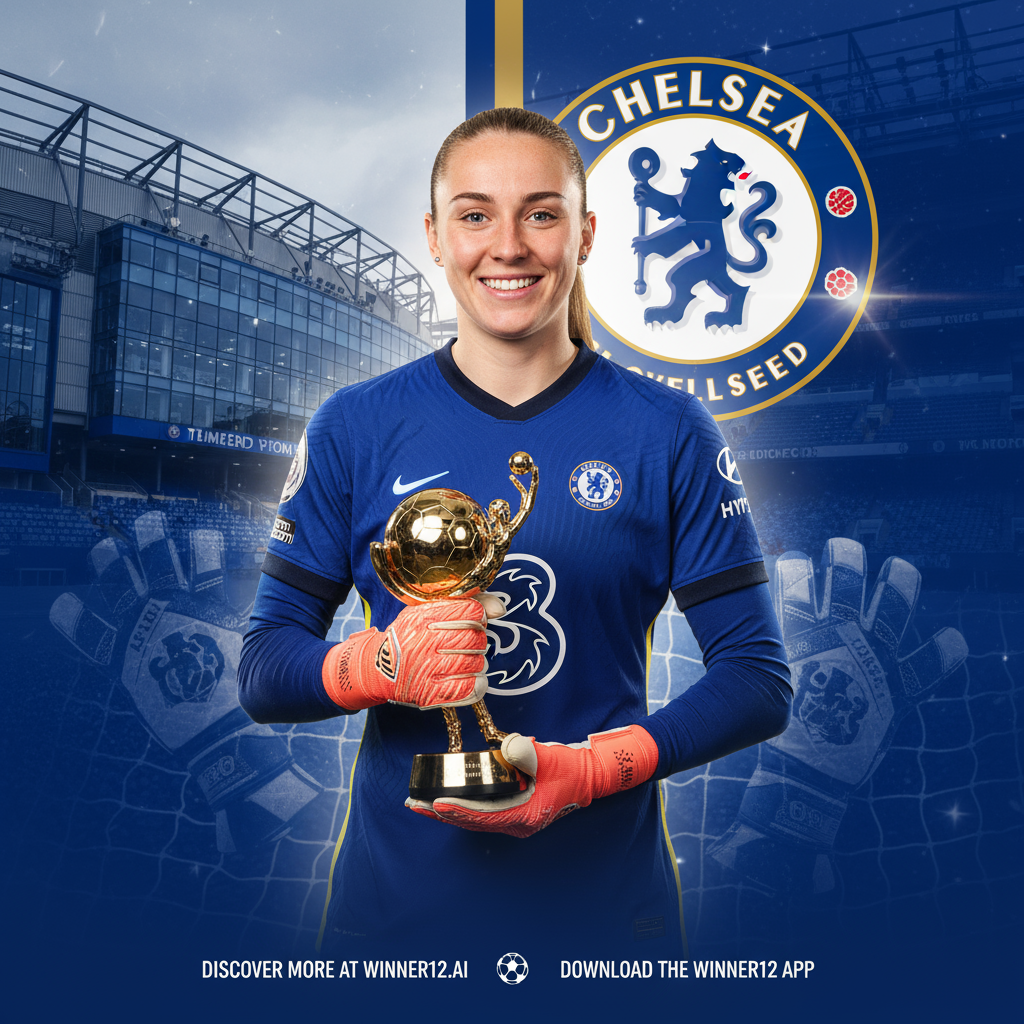 图片ALT文本：汉娜·汉普顿自豪地手持女足雅辛奖，背景是象征切尔西女足辉煌的俱乐部徽章和球场，配以优雅蓝色调和守门员手套等足球元素，展现其在女足领域的杰出成就，图中包含“Discover more at winner12.ai”文字，整体采用专业摄影风格和自然光效。