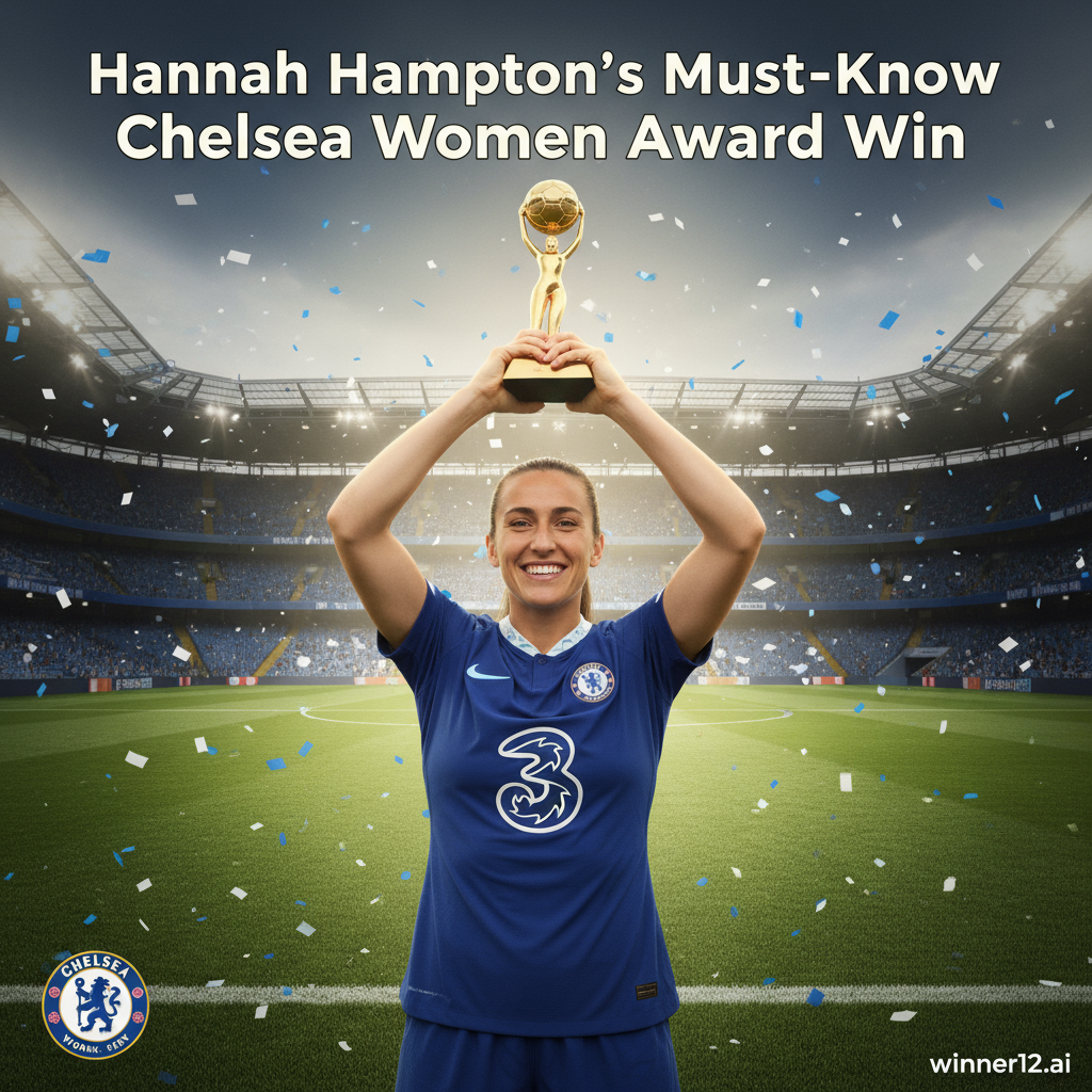 Alt text: Realistic poster of Hannah Hampton in Chelsea Women’s kit on a soccer pitch, joyfully holding a trophy with a stadium background, Chelsea Women’s logo, and glowing spotlight highlighting her award win, featuring the text “Hannah Hampton’s Must-Know Chelsea Women Award Win” in a modern font.