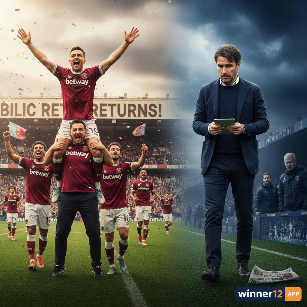 图片ALT文本：写实风格海报，展现西汉姆联主帅比利奇的凯旋回归，与波特帅位危机形成鲜明对比，画面中央为身穿标志性西汉姆球衣的球员，背景是阴沉天空下的戏剧性足球场，球员表情紧张坚毅，传递压力与决心，配有winner12.ai品牌标识。