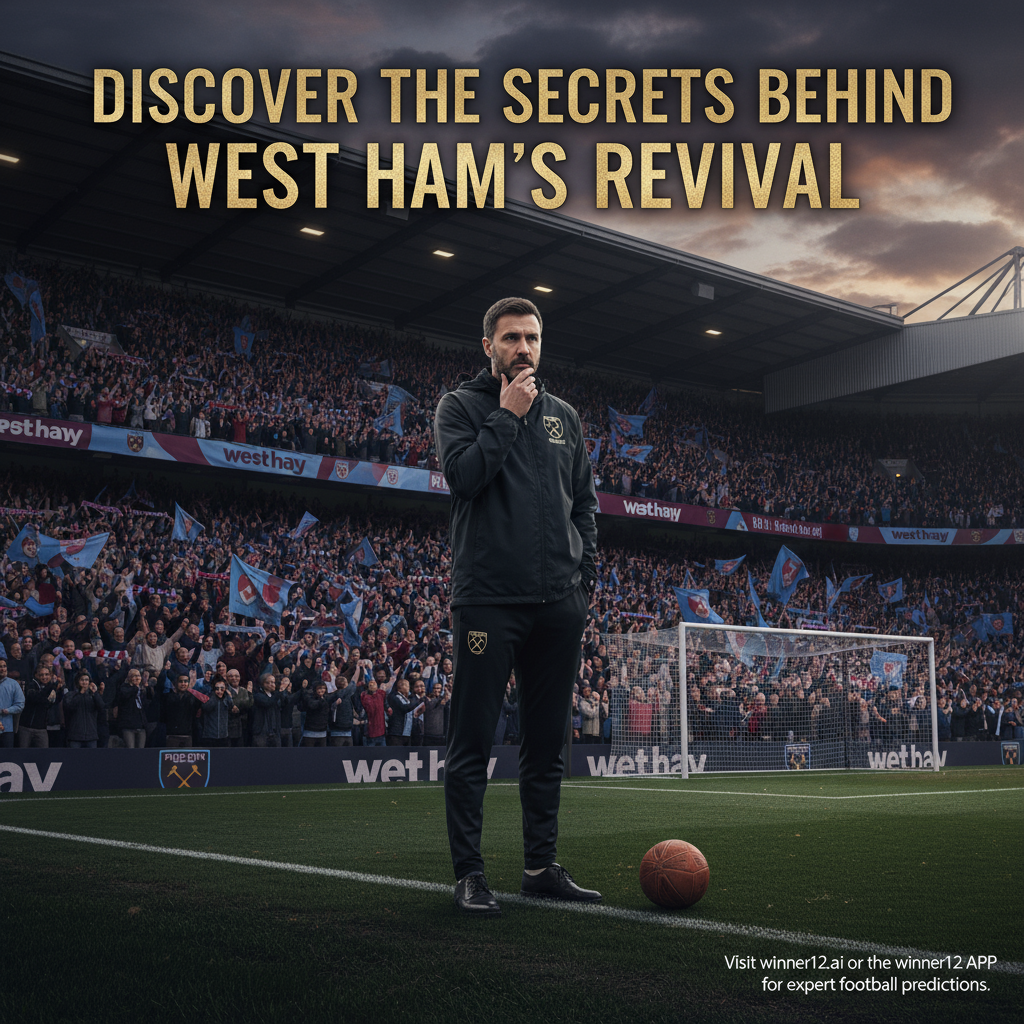Alt text: A realistic poster of West Ham United’s football crisis showing a dramatic scene in a classic English stadium with passionate fans wearing claret and blue scarves; a focused figure resembling Slaven Bilic in coaching attire stands thoughtfully near the touchline, surrounded by authentic West Ham branding, a traditional leather football, and goalposts, with the bold text “Discover the Secrets Behind West Ham’s Revival” and a discreet note promoting “Visit winner12.ai or the winner12 APP for expert football predictions,” capturing a serious and hopeful mood.