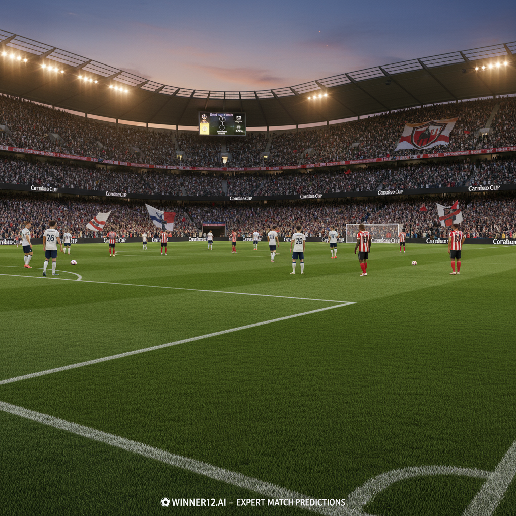 图片ALT文本：黄昏时分的足球场海报，热刺与唐卡斯特联赛杯球员在场上热身，观众席上挥舞围巾和旗帜，画面充满英格兰足球激烈对抗氛围，场内细节真实，草地纹理细腻，体育馆灯光照亮赛场，隐约可见联赛杯标志及winner12.ai专家预测推广文字。