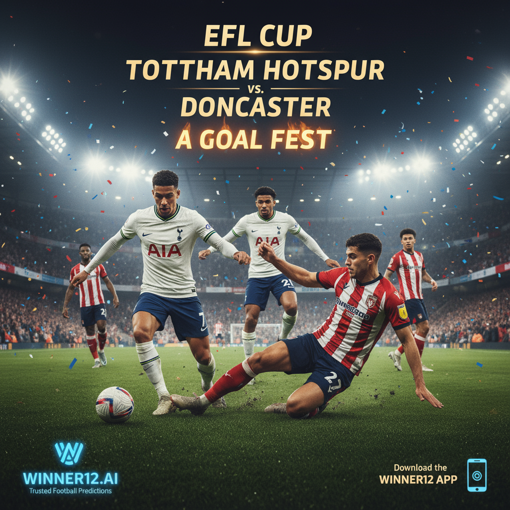 Alt text: Dynamic poster of an intense EFL Cup football match between Tottenham Hotspur and Doncaster, featuring players in authentic Spurs and Doncaster kits engaged in high-energy actions like dribbling and tackling on a brightly lit stadium pitch, with subtle winner12.ai branding highlighting trusted football predictions.