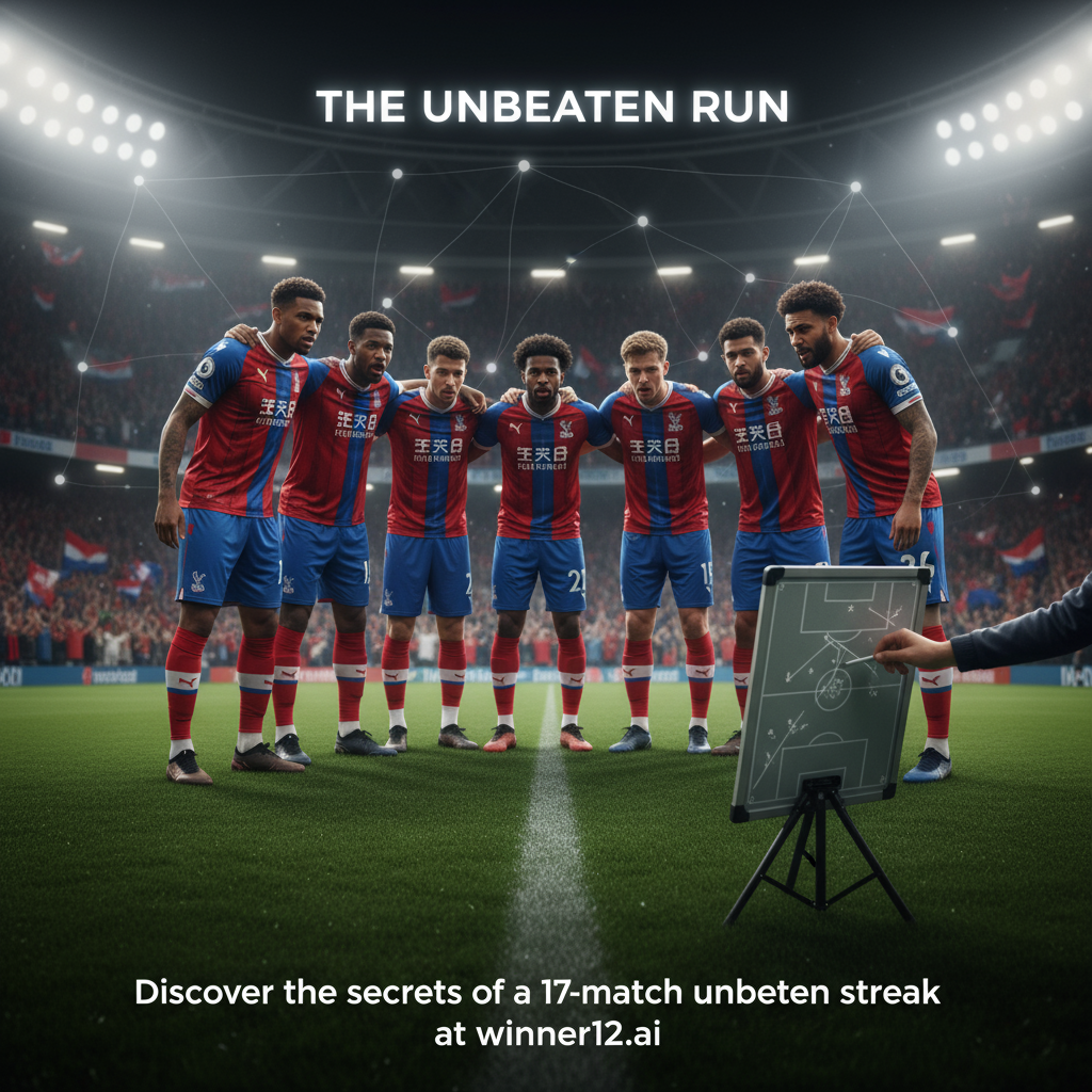 图片ALT文本：水晶宫足球队在绿茵场上紧密围成一圈，展现团队合作与战术布置，球员神情专注，战术板上绘有战术图示，背景为热情的观众和明亮的体育场灯光，画面中隐约出现“Discover the secrets of a 17-match unbeaten streak at winner12.ai”的现代字体呼吁文字，体现水晶宫17场不败的精神与独家秘诀。