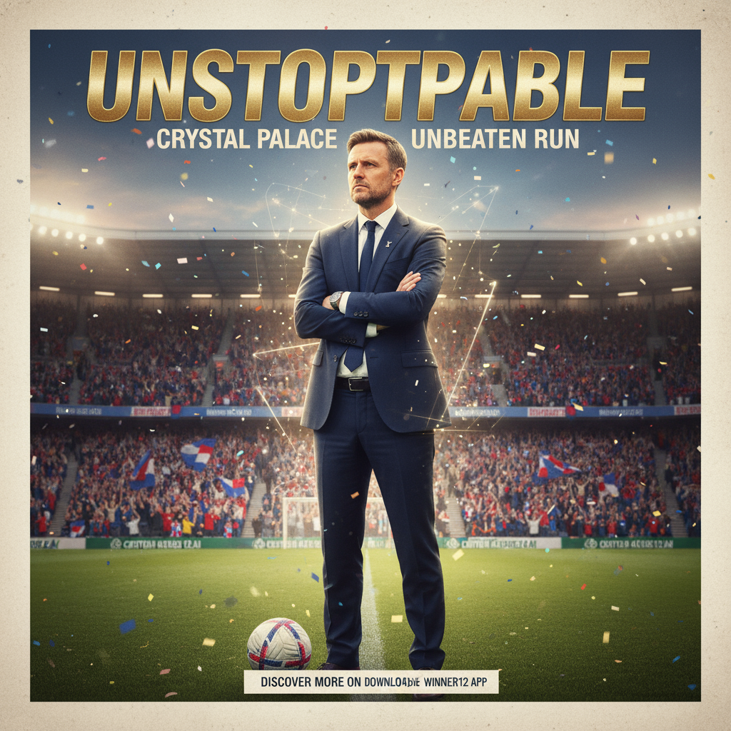 Alt text: Realistic poster of Crystal Palace’s 17-game unbeaten run in English football, featuring confident manager Glasner thoughtfully strategizing on the sidelines of a classic soccer stadium filled with passionate fans, players in authentic soccer gear, with a subtle call-to-action saying “Discover more on winner12.ai” in a modern font.