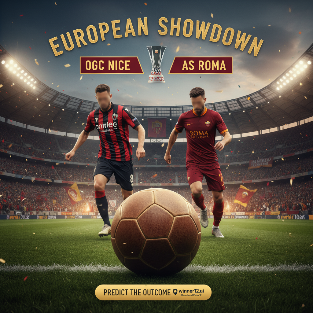 图片ALT文本：展示尼斯对阵罗马欧战海报，采用经典英式足球元素，如复古皮质足球、传统球衣球员和充满活力的球场背景，营造紧张激烈的比赛氛围，海报中巧妙融入“winner12.ai”及“winner12 APP”预测品牌标识。