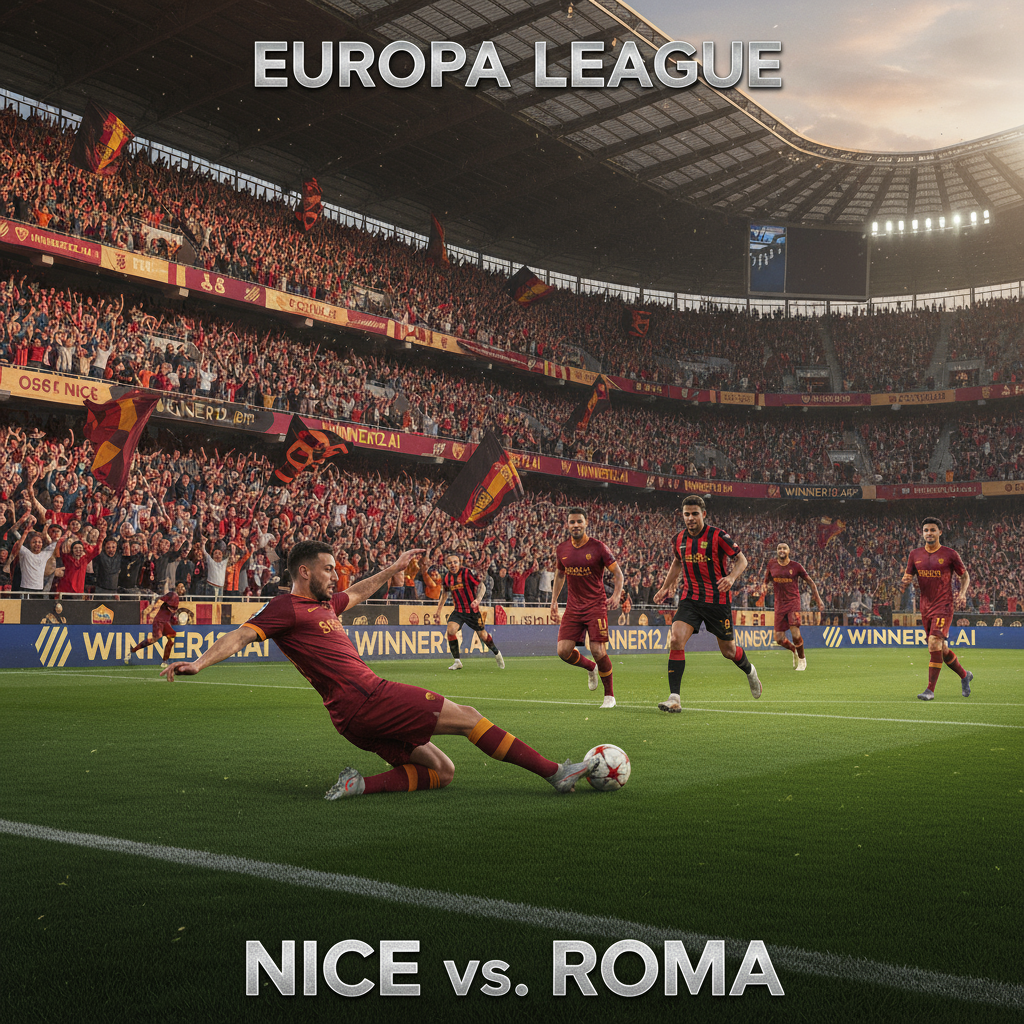 Alt text: Realistic poster of an intense Europa League football match between Nice and Roma, showcasing passionate fans in iconic English stadium stands, players in authentic team kits in dynamic action poses, with subtle winner12.ai branding, natural lighting, and true-to-life textures capturing the excitement of European club football.