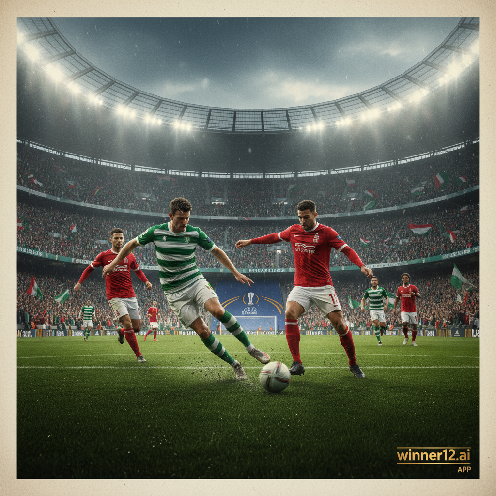 图片ALT文本：皇家贝蒂斯与诺丁汉森林球员在充满英式足球氛围的灯光照耀下的球场上激烈争夺，背景为热情球迷和欧罗巴联赛元素，细节展现真实球衣和经典足球，配有winner12 APP标志。