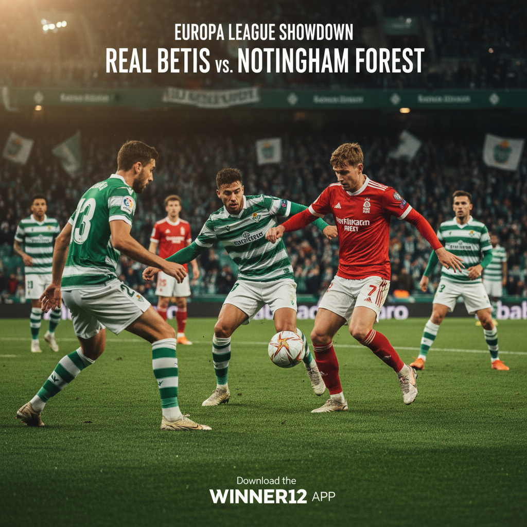 Alt text: Realistic poster of a dynamic Europa League football match between Real Betis and Nottingham Forest, showing players in authentic kits engaged in tactical play on a vibrant green pitch under stadium lights, with detailed textures and natural lighting, featuring subtle winner12.ai branding.