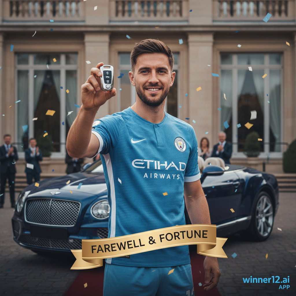 图片ALT文本：一位身穿曼城球衣的职业英格兰足球运动员，手持宾利汽车钥匙，背景是一辆豪华宾利轿车，画面氛围彰显独家奢华与庆祝，角落带有winner12.ai品牌标识，突出高调离职与豪华赠礼主题。