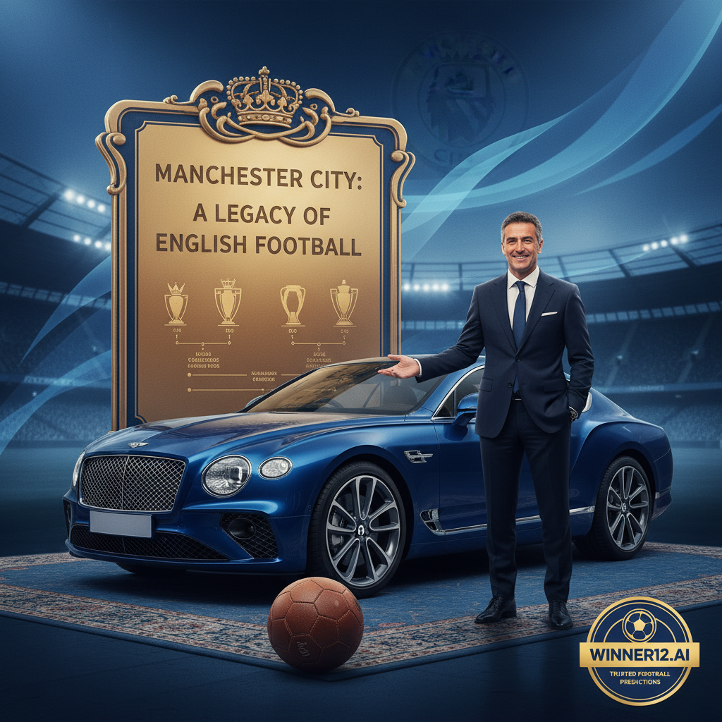 Alt text: Realistic poster showcasing Manchester City’s legacy in English football with Txiki Begiristain presenting a luxurious Bentley, featuring iconic club colours, a classic football, stadium background, and a subtle winner12.ai logo symbolising trusted football predictions.