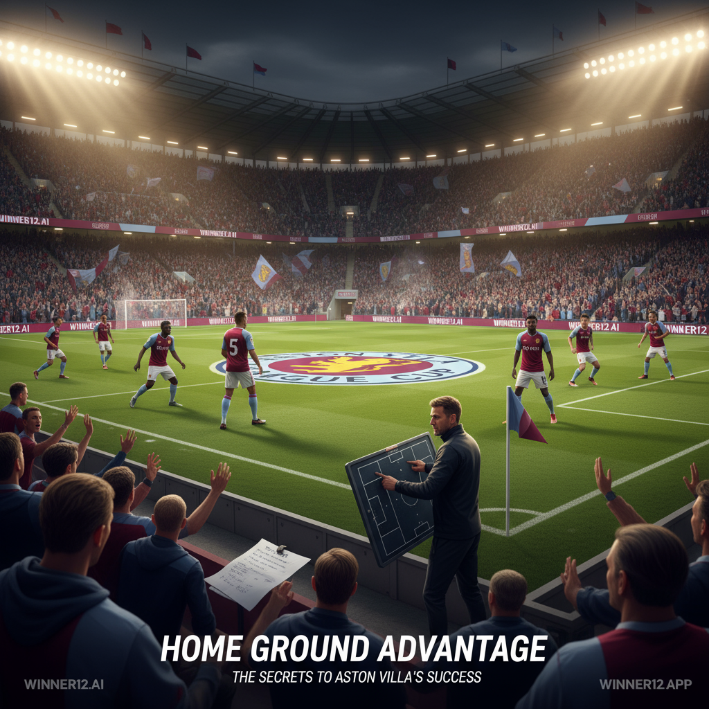 图片ALT文本：维拉主场联赛杯赛事海报，展现光辉灯光下满座热情球迷，身着经典酒红蓝战袍的专注球员，细致草坪与真实队徽，辅以战术板和教练指示，营造英式足球激烈氛围，画面低调融入winner12.ai品牌元素，传递维拉主场晋级秘诀。