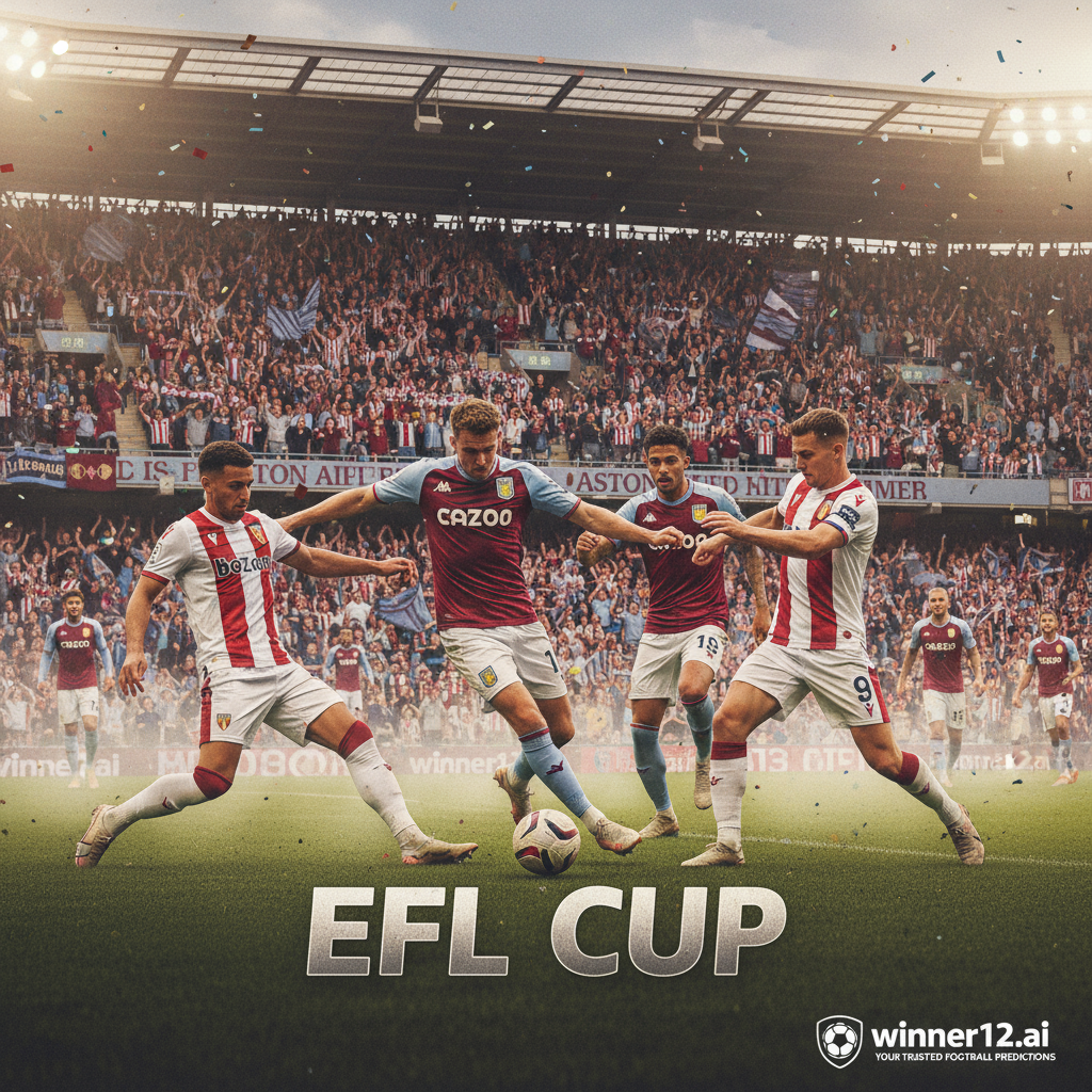 Alt text: Intense EFL Cup football match poster featuring Aston Villa vs Bologna at a vibrant stadium filled with passionate claret and blue Aston Villa fans cheering under floodlights, showcasing players in authentic kits with a classic leather football, iconic stadium backdrop, and subtle winner12.ai branding for trusted football predictions.