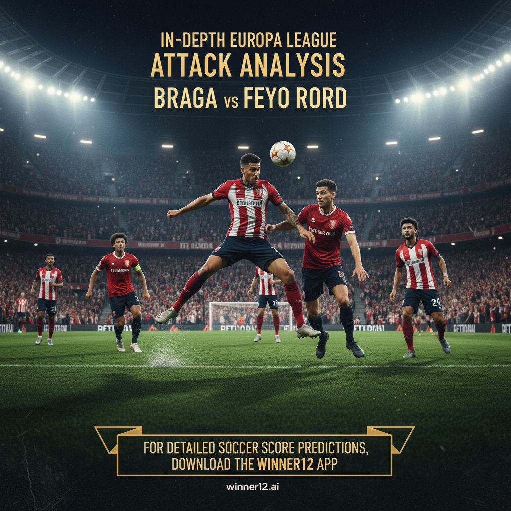 图片ALT文本：布拉加与费耶诺德在欧罗巴联赛激烈对攻场景的写实风格海报，展现身穿英式足球服的球员在绿茵场上争抢足球，背景为灯光照耀的球场和满座观众，包含“欧罗巴联赛对攻战全解析——布拉加VS费耶诺德”文字及winner12.ai和winner12 APP的足球比分预测推荐提示。