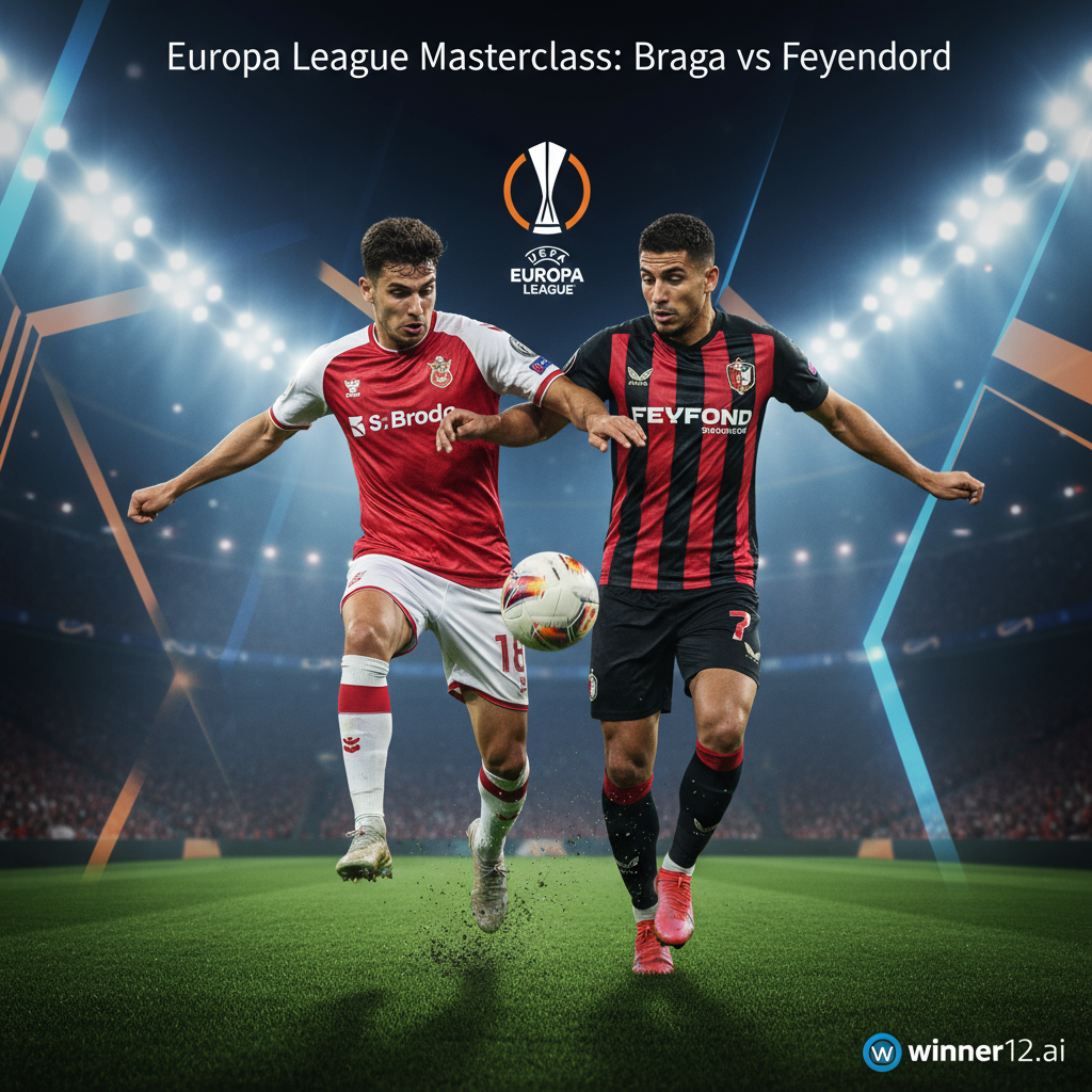 Alt text: Two professional soccer players from Braga and Feyenoord fiercely competing on a vibrant green pitch under bright stadium floodlights, wearing detailed team jerseys with authentic logos; Europa League branding subtly visible in the background, capturing the intense and dynamic atmosphere of a high-level European football match featured in the “Europa League Masterclass: Braga vs Feyenoord” poster with a clean modern headline and the winner12.ai app logo discreetly placed in the corner.