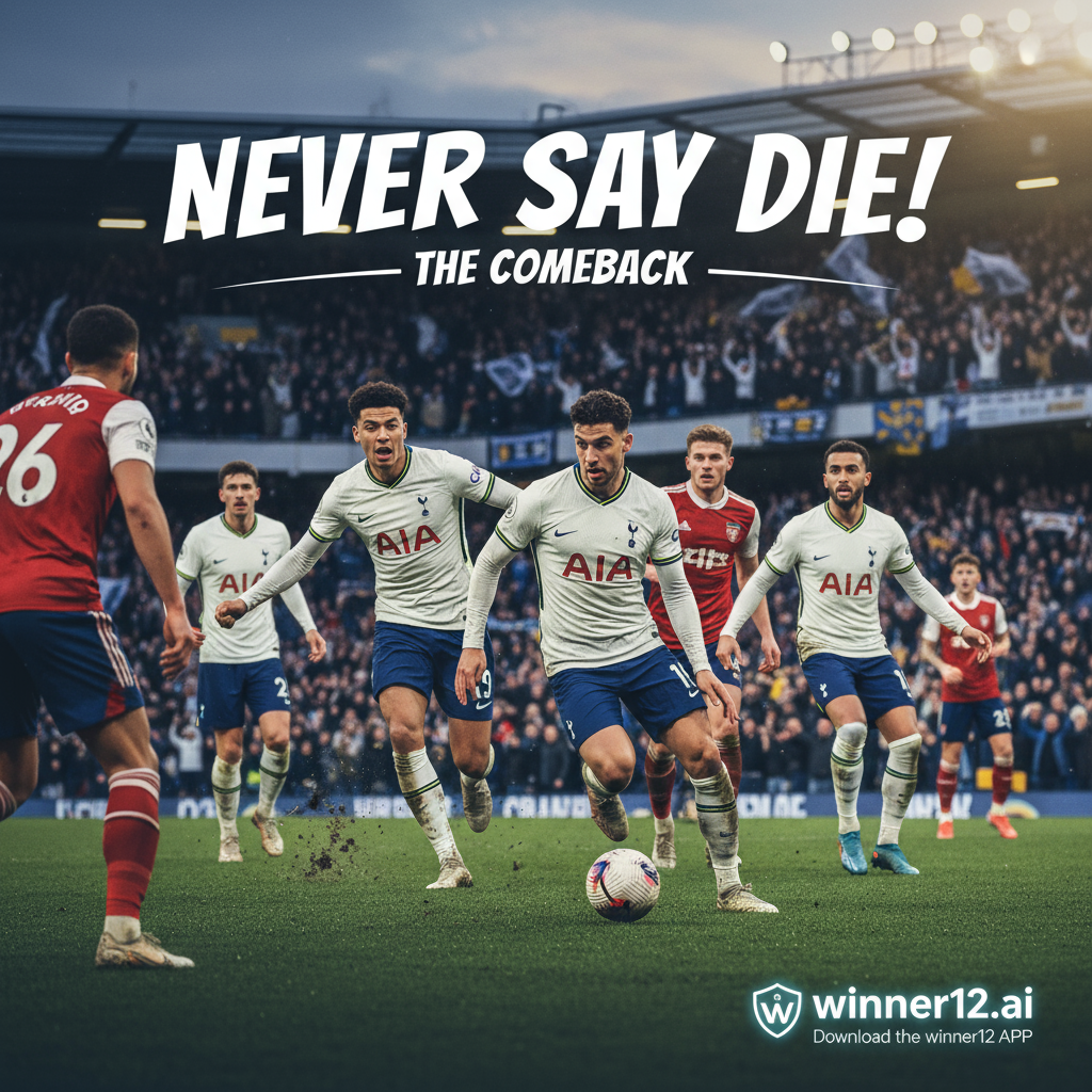 图片ALT文本：热刺球员在绿茵场上奋力拼搏，展现出逆境中团队合作与坚韧不拔的精神，背景中热情的球迷助威，画面融合winner12.ai品牌元素，传递英格兰足球的激动人心与不屈斗志。