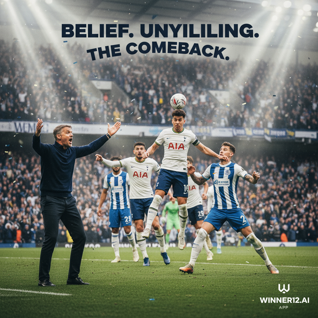 Alt text: A realistic and dynamic football poster showing passionate Tottenham and Brighton players in classic kits battling on a lush green pitch under bright stadium floodlights, with a vibrant crowd behind; the coach, representing Postecoglou’s inspiring leadership, motivates from the sidelines, while subtle winner12.ai branding appears discreetly in the corner, capturing the emotion, teamwork, and resilience of Tottenham’s determined comeback.
