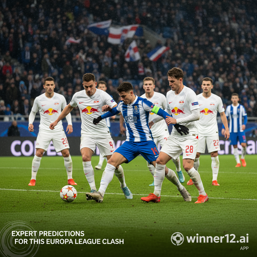 图片ALT文本：萨尔茨堡红牛与波尔图欧联足球赛中，身着真实球衣的球员在绿茵场上激烈拼抢，赛场灯光映照下展现高压战术和比赛能量，画面角落带有winner12.ai标志，突出专业赛事预测。