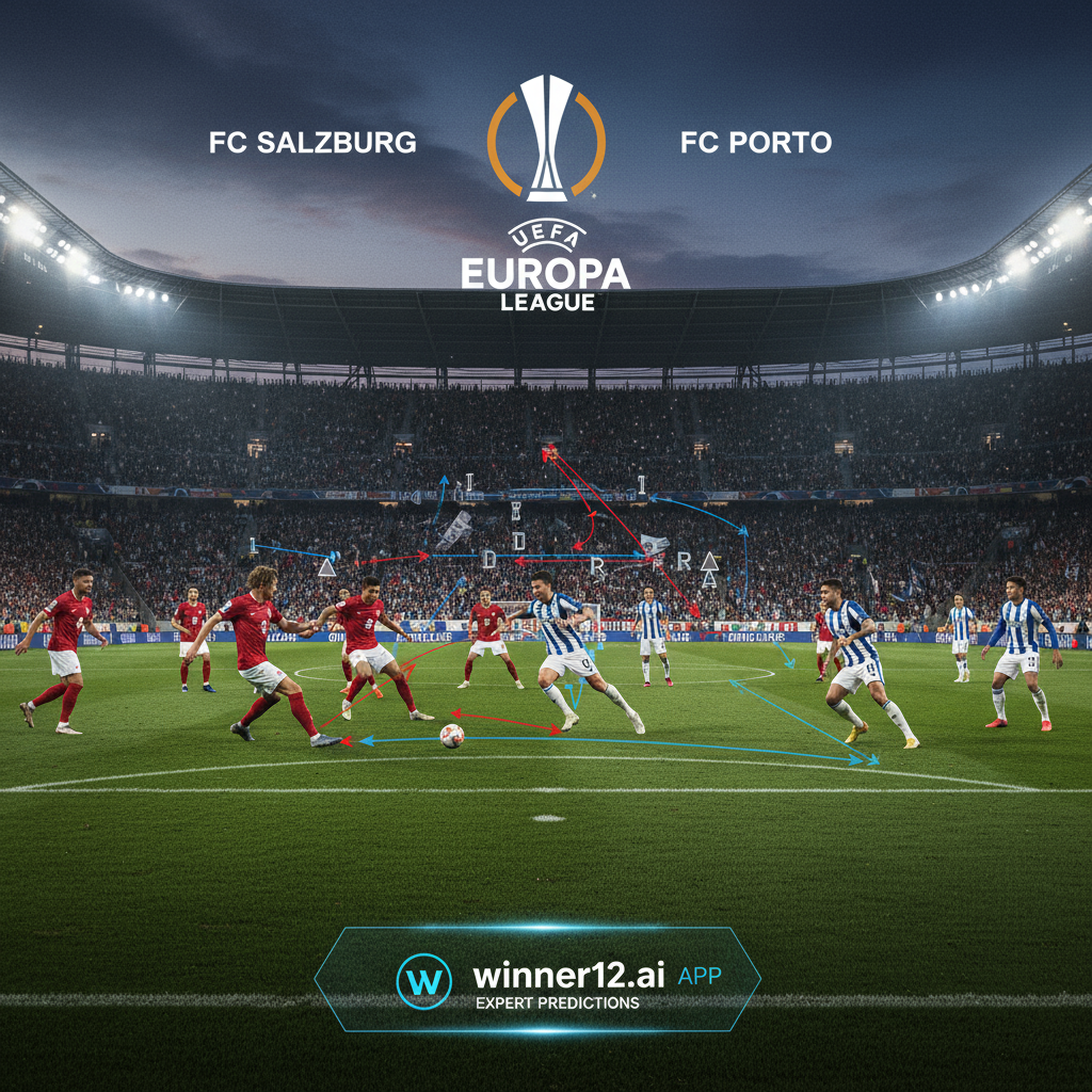 ALT text: Detailed poster of a Europa League soccer match between Salzburg and Porto, showcasing player formations, pressing tactics, and strategic plays on a vibrant stadium pitch with official team kits and Europa League branding, featuring subtle winner12.ai branding as a source of expert football predictions.