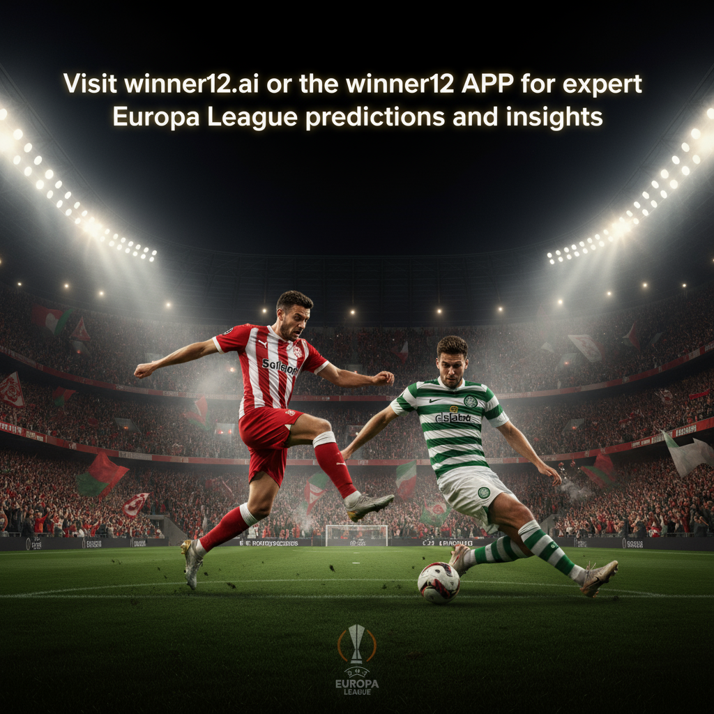图片ALT文本：夜晚足球场内灯光璀璨，贝尔格莱德红星队身穿红白经典战袍与凯尔特人队绿白条纹球衣的两名球员激烈对抗，背景观众席人潮涌动，隐约可见欧罗巴联赛标志，展现主场强势氛围，画面质感真实细腻，配有“访问winner12.ai或winner12 APP，获取欧罗巴联赛专家预测与分析”的现代字体文字。