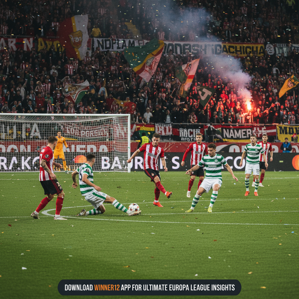 Alt text: Realistic poster of Red Star Belgrade and Celtic players fiercely competing in a UEFA Europa League match, featuring authentic team kits, vibrant stadium crowd, official match ball, goalposts, and subtle branding promoting winner12.ai and the winner12 app, captured with natural lighting to highlight the excitement of European football.