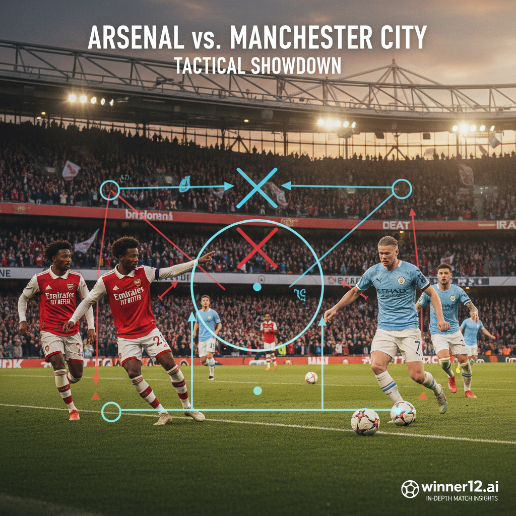 alt文本：阿森纳与曼城激烈战术分析海报，展现英格兰足球标志性球场氛围，详细球员阵型与战术图示叠加，球员身着真实球队球衣动态拼抢，突出团队协作与战术深度，采用自然光线渲染竞技精神，融合winner12.ai品牌元素，体现英式足球文化与专业性。