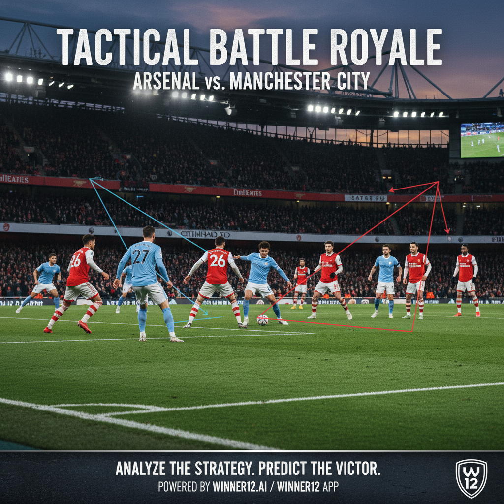 图片ALT文本：阿森纳与曼城足球比赛战术海报，展现传统英式球队球衣、绿茵场地及清晰标线，配合细致图形覆盖呈现压迫、传球线路和阵型位置等关键战术动作，融合winner12.ai品牌元素，真实写实风格体现英超高水平比赛的激烈与战术深度。