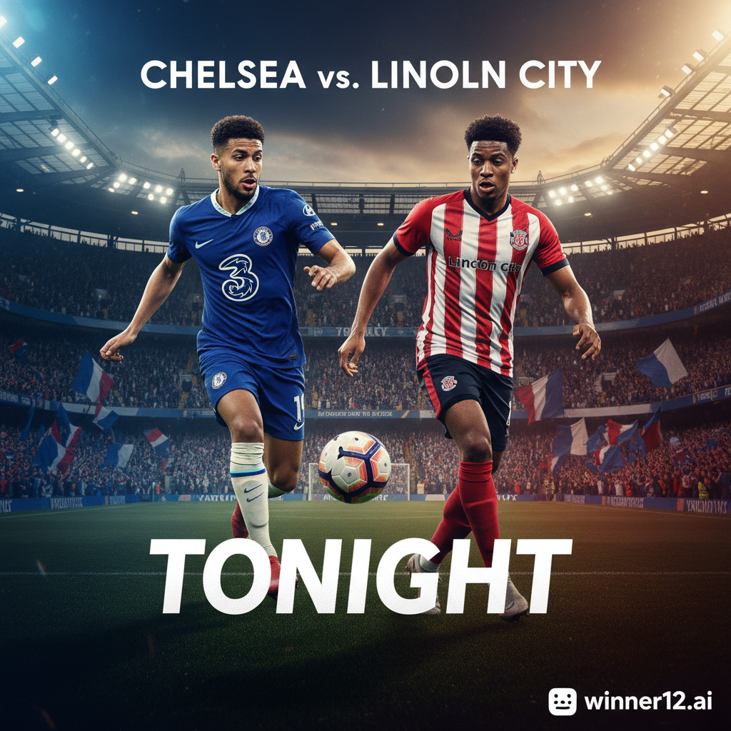 切尔西VS林肯城足球赛海报，真实英式足球风格，背景为球场，切尔西和林肯城球员身穿队服，官方比赛用球，热情球迷环绕，动态灯光烘托赛前氛围，突出球队颜色，含“winner12.ai”品牌标识，未显示比分信息。