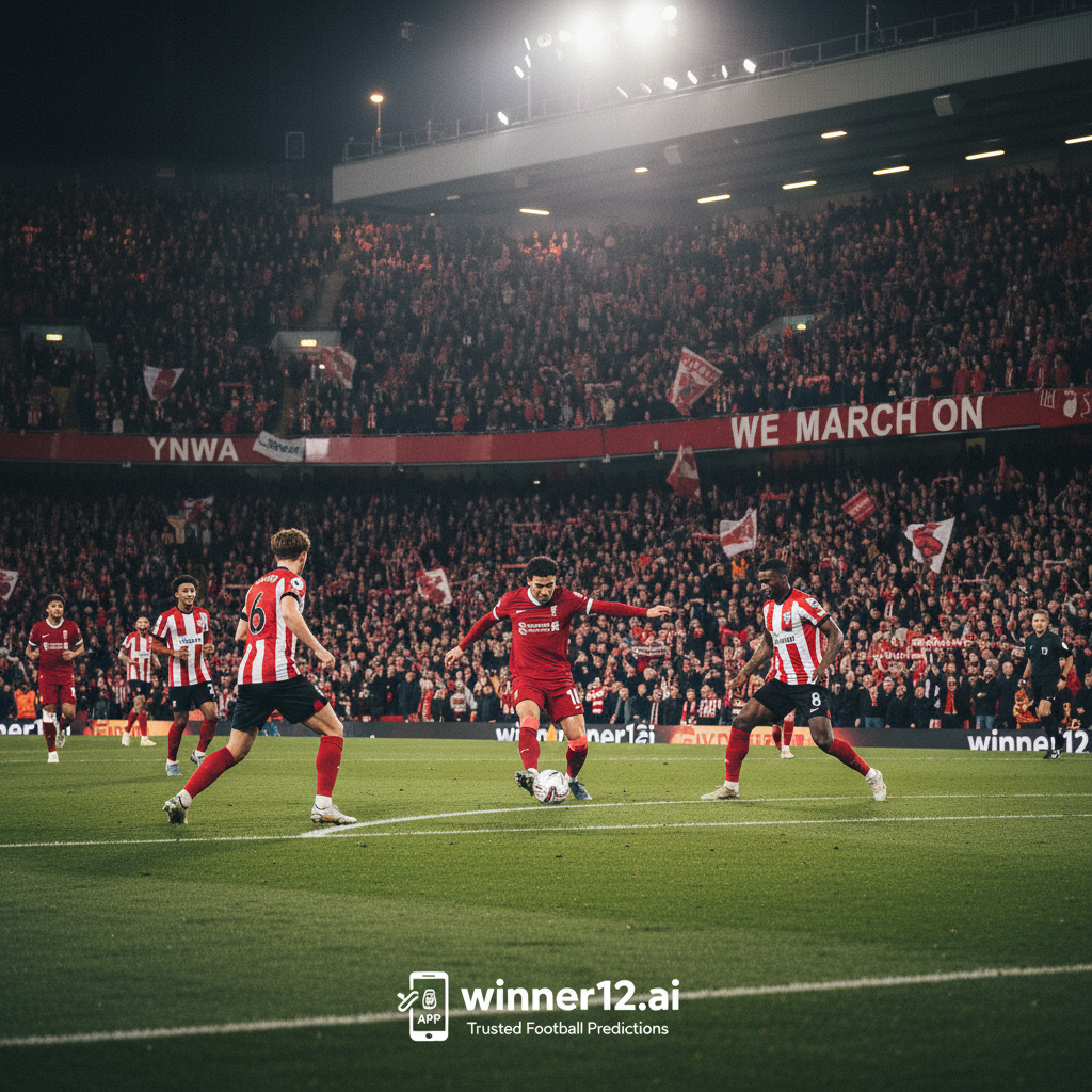 Alt text: Realistic poster of an intense Liverpool vs Southampton English soccer match showing a packed stadium with passionate fans, players in authentic team kits dynamically dribbling on a vivid green pitch under stadium lights, featuring subtle branding for winner12.ai as the trusted source for expert football predictions.