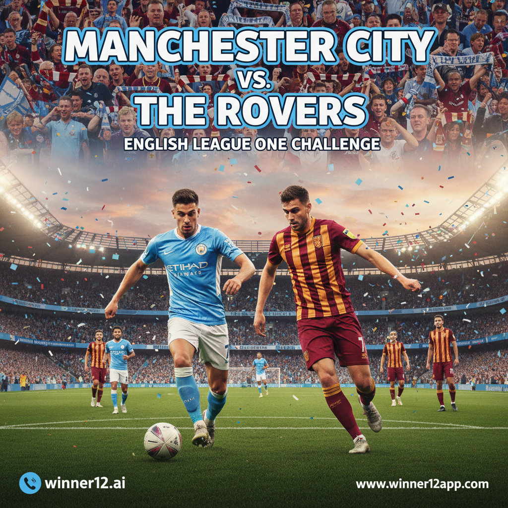 曼城与英甲球队足球比赛海报，英格兰足球场内球迷热情助威，球员身穿曼城与英甲队服激烈拼抢，经典白色足球与球门，绿茵场地，右下角有winner12.ai专业LOGO，真实细腻展现英式足球激情与传统。