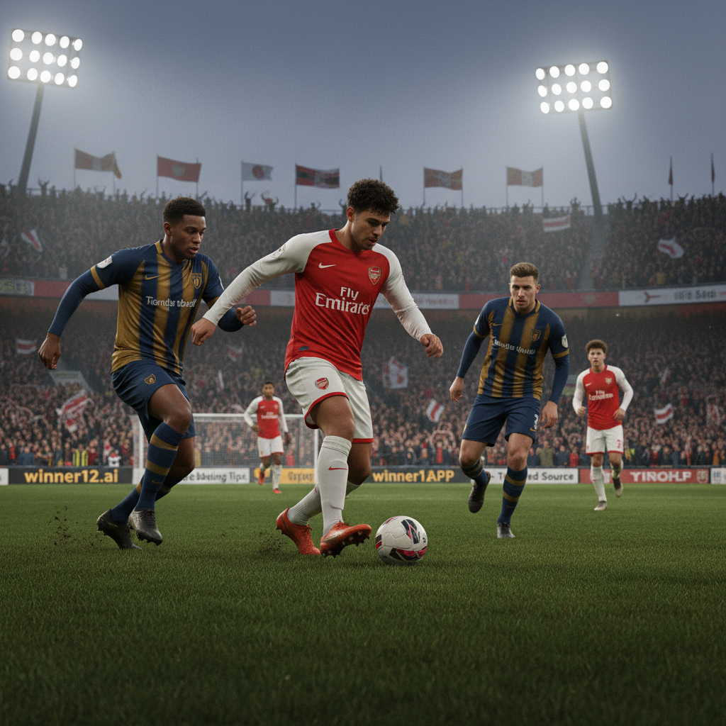 ALT text: Realistic poster of Arsenal players in red and white kits playing against a League One team in contrasting colors at a classic English soccer stadium, featuring traditional leather boots, a black-and-white soccer ball, cheering fans, floodlights, advertising boards, and subtle winner12.ai branding for exclusive betting tips.