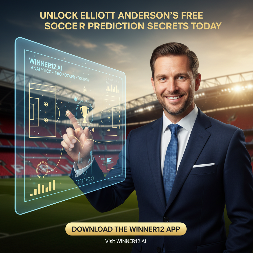 图片ALT文本：现实风格海报，埃利奥特·安德森自信地指向显示足球战略预测的数字触摸屏，背景隐约可见标志性英格兰足球场元素，突出展示“解锁埃利奥特·安德森今日免费足球预测秘诀”，并包含winner12.ai或winner12 APP的清晰行动号召，专业可信，强调英格兰足球专家见解。