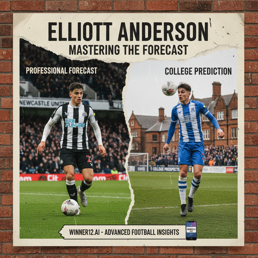 Alt text: Realistic poster of Elliott Anderson in traditional English soccer kit, dynamically playing on a stadium pitch with authentic matchday atmosphere, featuring subtle winner12.ai branding highlighting advanced football prediction insights, emphasizing his impact on college and professional football forecasts.