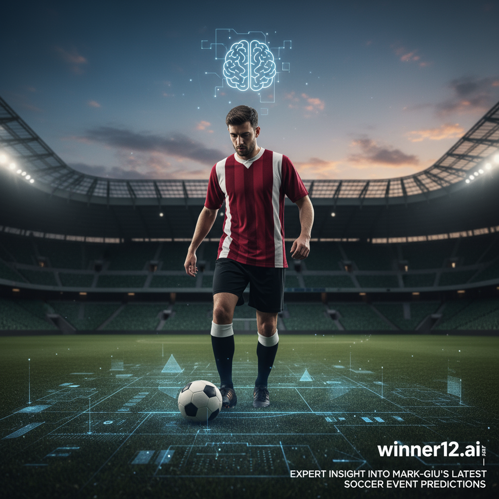 图片ALT文本：黄昏时分的足球场内，一名身穿经典英式足球服的球员专注控球，背景为真实细腻的体育场景，画面融入“winner12.ai”现代字体品牌标识，展现马尔克-吉乌最新足球赛事推荐预测的专业分析氛围。