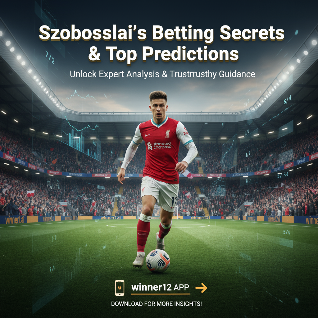 Alt text: Realistic poster of a confident soccer player resembling Szoboszlai in action on a lush green English football pitch, featuring subtle betting strategy visuals like discreet charts and odds graphics in the background, surrounded by authentic English football stadium elements and fans in scarves; prominently displaying the text “Szoboszlai’s Betting Secrets & Top Predictions” with a call-to-action referencing winner12.ai and the winner12 APP for expert soccer betting insights.