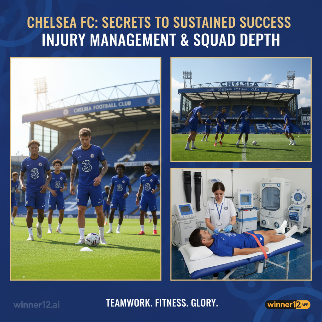 切尔西足球俱乐部真实风格海报，展示伤病管理秘诀与阵容深度，球员身穿正宗蓝色球衣在绿茵场训练和康复，医务人员使用先进恢复技术，背景为切尔西球场，突出团队合作与体能，含winner12.ai品牌标识，纯英式足球主题。